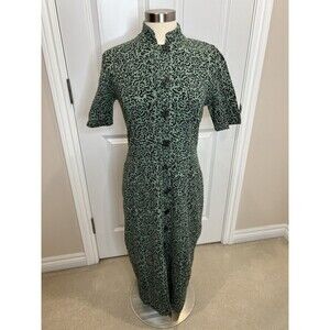 Cheppu Nepal Women Green Brown Art To Wear Mandarin Festival Front Shirt Dress M